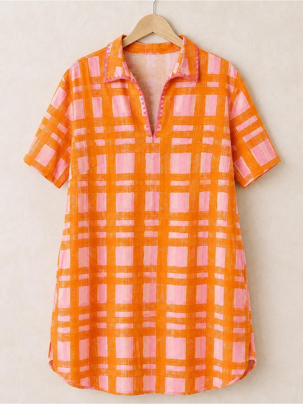 Vibrant Orange & Pink Plaid Short-Sleeve Tunic Dress